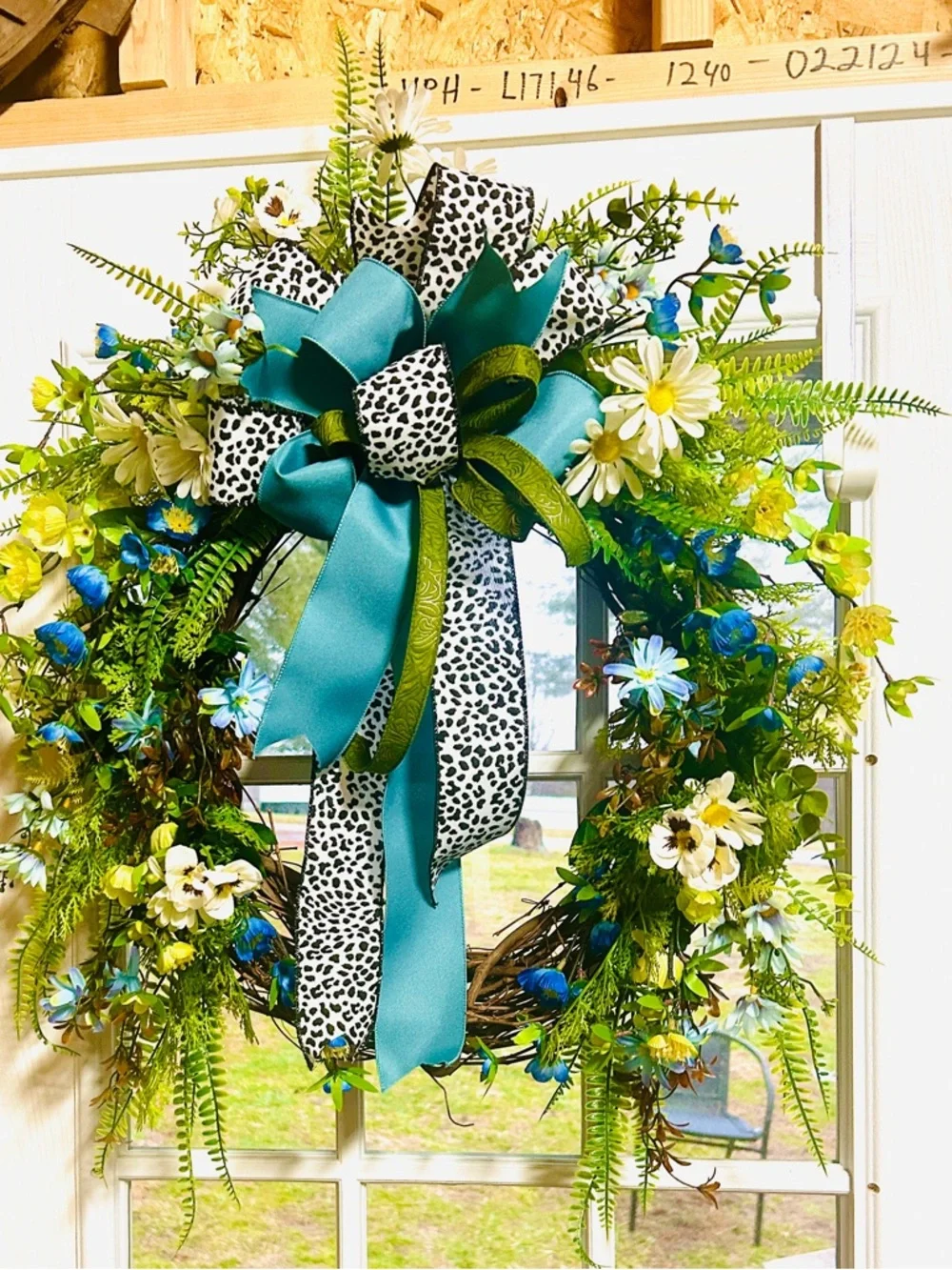Handmade Spring Floral Wreath with Teal and Leopard print Bow
